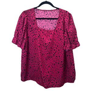 Shein Curve Pink Black Floral Short Sleeve Blouse Top Women Size 2XL Square Neck